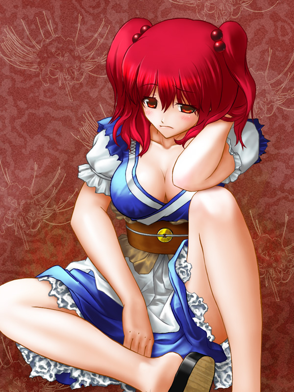 hirotill, niwatori takeshi, onozuka komachi, touhou, 1girl, breasts, cleavage, female focus, hair bobbles, hair ornament, large breasts, red eyes, red hair, short hair, solo, twintails, two side up