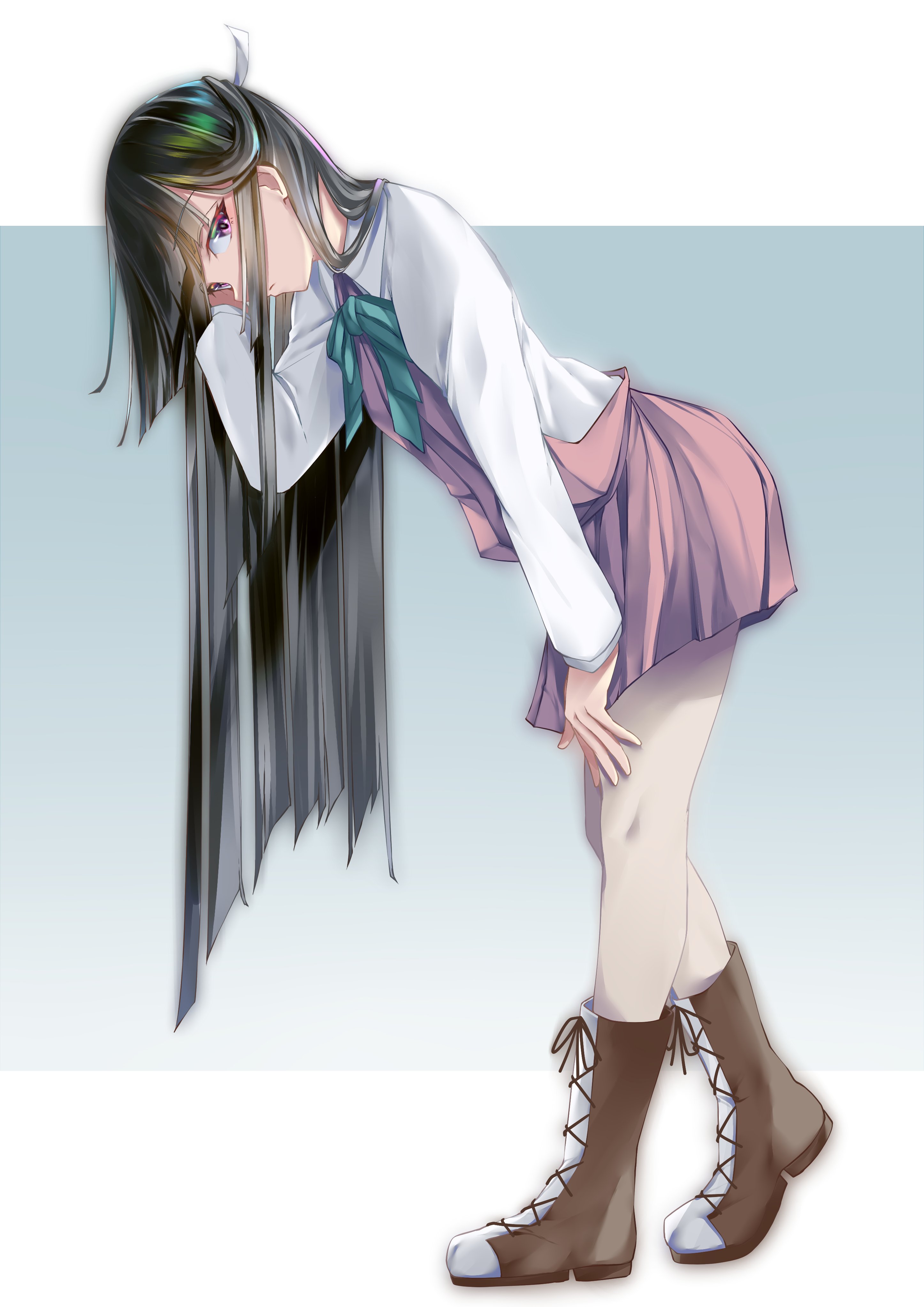 001machi, hayashimo (kancolle), kantai collection, absurdres, commentary, highres, 1girl, aqua bow, aqua bowtie, black hair, blue background, boots, bow, bowtie, brown boots, collared shirt, dress, dress shirt, from side, full body, grey pantyhose, hair ribbon, half updo, halter dress, halterneck, hand in own hair, hand on own thigh, lace-up boots, leaning forward, long hair, long sidelocks, looking at viewer, pantyhose, pleated dress, red dress, red eyes, ribbon, school uniform, shirt, sidelocks, sideways glance, solo, tucking hair, very long hair, white ribbon, white shirt