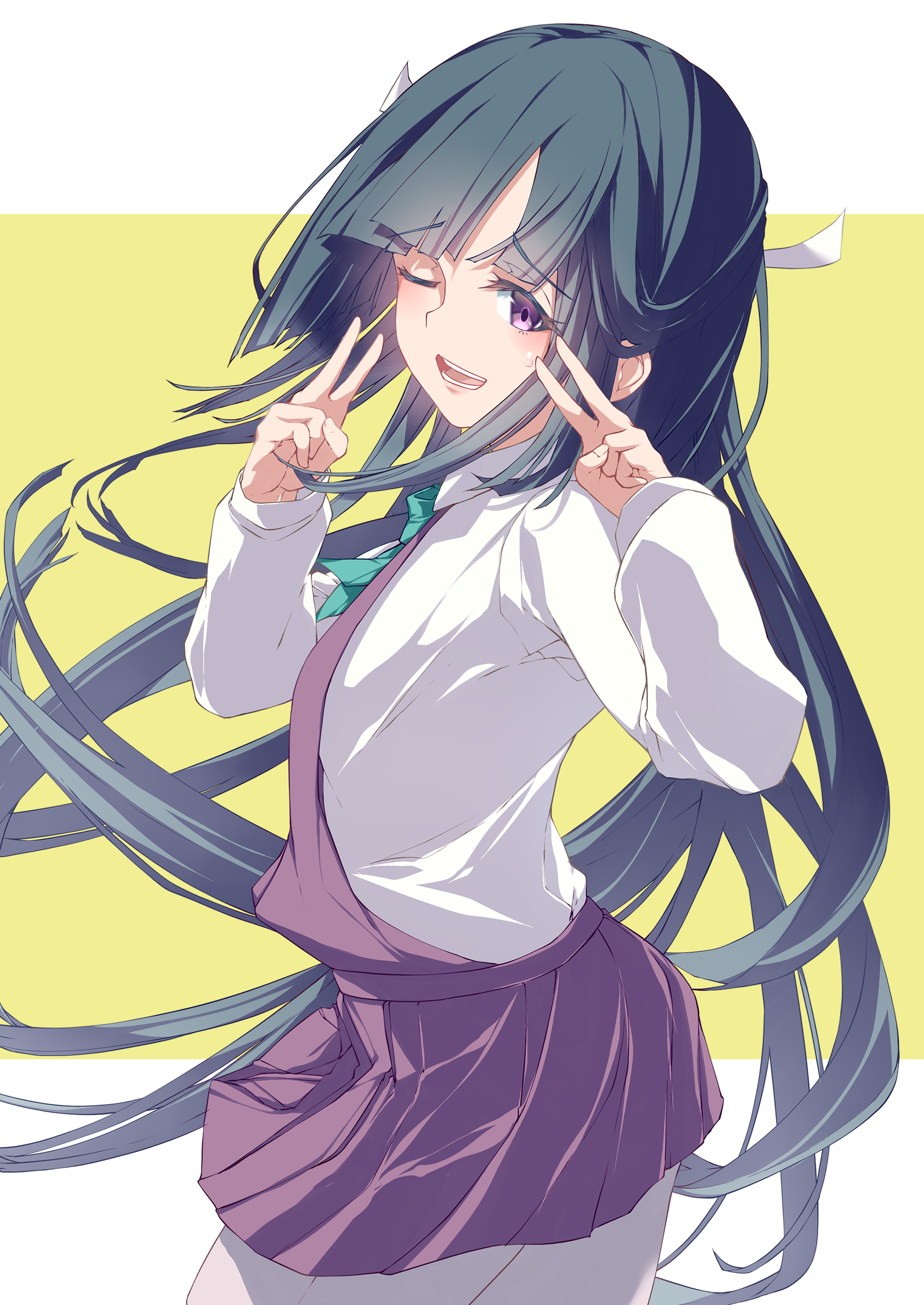 001machi, hayashimo (kancolle), kantai collection, absurdres, commentary request, highres, 1girl, black hair, bow, bowtie, collared shirt, cowboy shot, double v, dress, dress shirt, fingernails, from side, green bow, green bowtie, grey pantyhose, hair ribbon, half updo, halter dress, halterneck, long hair, nervous smile, one eye closed, pantyhose, pleated dress, purple dress, purple eyes, ribbon, shirt, small sweatdrop, smile, solo, teeth, two-tone background, v, very long hair, white ribbon, white shirt