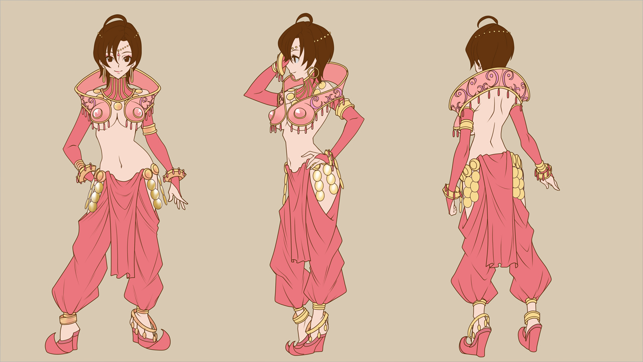 hirabaru kenji, meiko (vocaloid), vocaloid, bad id, bad piapro id, 1girl, ahoge, alternate costume, arabian clothes, back, bare back, breasts, brown eyes, brown hair, detached sleeves, earrings, full body, hair ornament, jewelry, medium breasts, midriff, multiple views, navel, pointy shoes, reference sheet, shoes, short hair, simple background, smile, standing, turnaround, underboob