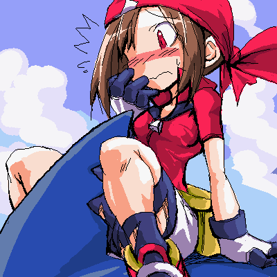 kobayashi tetsuya, may (pokemon), sharpedo, nintendo, pokemon, lowres, 1girl, ^^^, bandana, bike shorts, blush, brown hair, cloud, day, gen 3 pokemon, gloves, hat, headband, oekaki, pokemon (creature), red eyes, shark, sky, torn clothes
