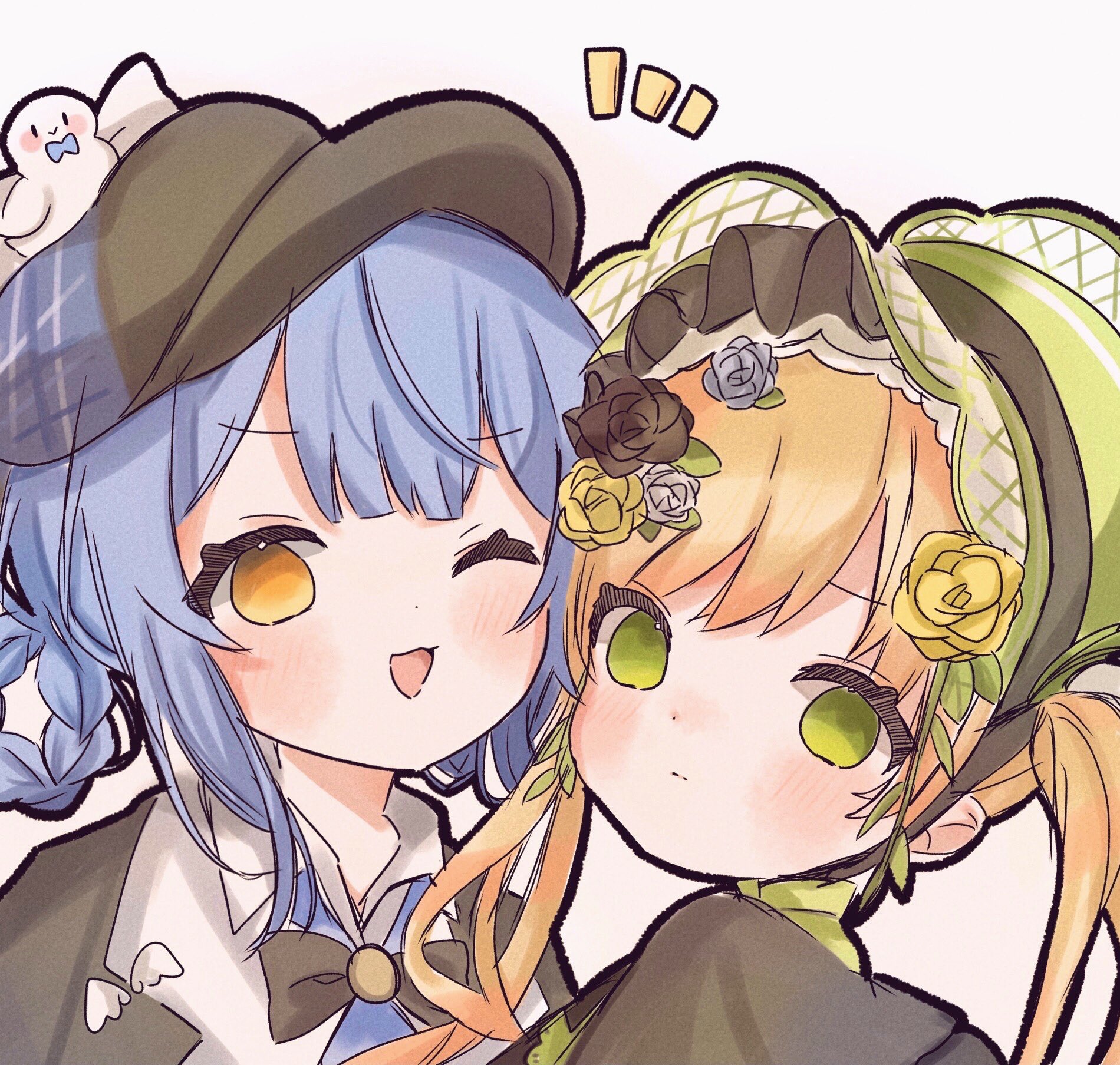tachibana sherry, tono hanna, mahou shoujo no majo saiban, hashtag-only commentary, highres, 2girls, ;d, black capelet, black hat, blonde hair, blue hair, bonnet, braid, braided hair rings, capelet, closed mouth, deerstalker, flower, green eyes, hair flower, hair ornament, hair rings, hat, heads together, lolita fashion, long hair, looking at viewer, multiple girls, myua (wan wan 00xx), notice lines, one eye closed, open mouth, rose, short hair, smile, twintails, upper body, yellow eyes, yellow flower, yellow rose
