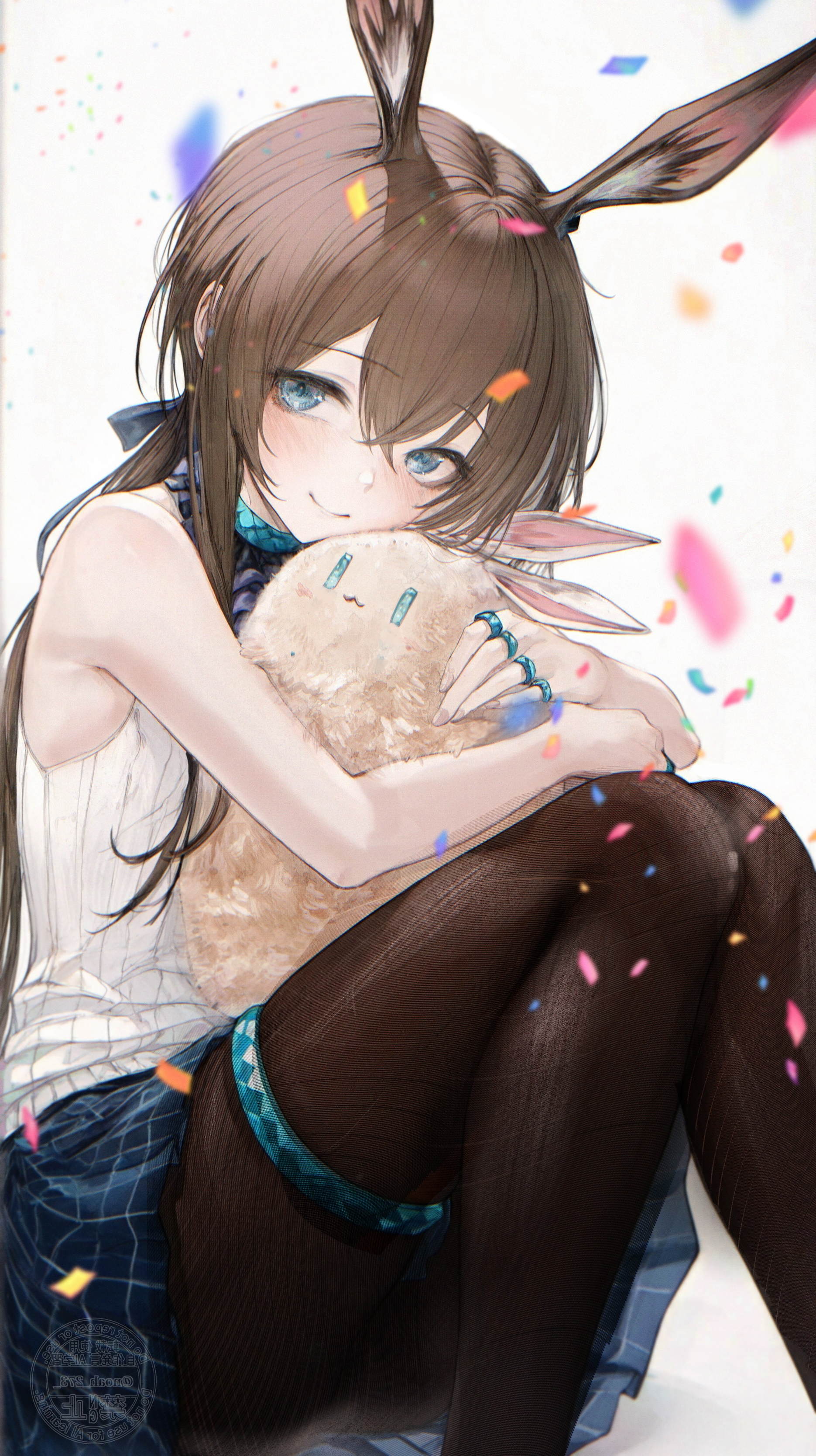 renoahh, amiya (arknights), infection monitor (arknights), arknights, absurdres, commentary, highres, 1girl, animal, animal ears, animal hug, bare arms, blue eyes, blue skirt, blush, brown hair, brown pantyhose, closed mouth, crossed bangs, jewelry, knees up, long hair, looking at viewer, multiple rings, pantyhose, rabbit ears, rabbit girl, ring, shirt, simple background, sitting, skirt, sleeveless, sleeveless shirt, smile, solo, white background, white shirt