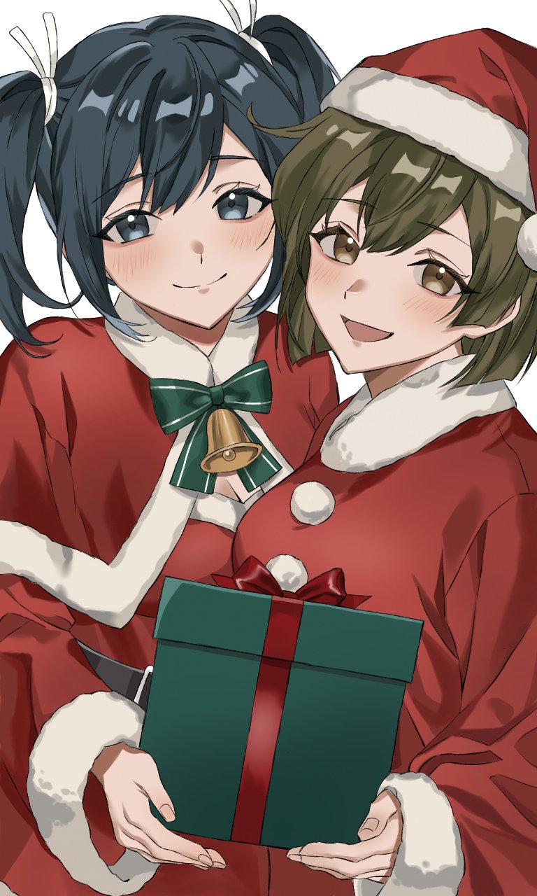 yakizakana (sakana u u), hiryuu (kancolle), souryuu (kancolle), kantai collection, highres, 2girls, blue eyes, blue hair, blush, box, breasts, brown eyes, brown hair, capelet, christmas, christmas present, cleavage, dress, fur-trimmed capelet, fur-trimmed dress, fur-trimmed headwear, fur trim, gift, gift box, hair ribbon, hat, large breasts, long hair, looking at viewer, medium breasts, merry christmas, multiple girls, open mouth, red capelet, red dress, ribbon, santa costume, santa dress, santa hat, short hair, side ponytail, smile, twintails, upper body