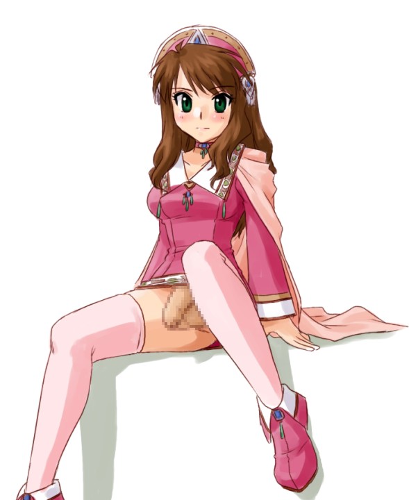 supon, character request, copyright request, 1futa, bottomless, brown hair, censored, choker, futanari, green eyes, hat, jewelry, long hair, looking at viewer, mosaic censoring, necklace, penis, pink thighhighs, solo, thighhighs