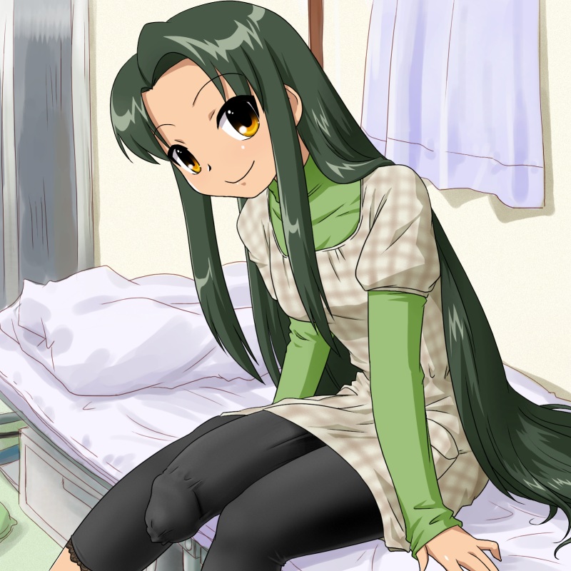 supon, tsuruya, suzumiya haruhi no yuuutsu, 00s, 1futa, breasts, bulge, futanari, green hair, huge penis, long hair, looking at viewer, orange eyes, pantyhose, penis, small breasts, solo