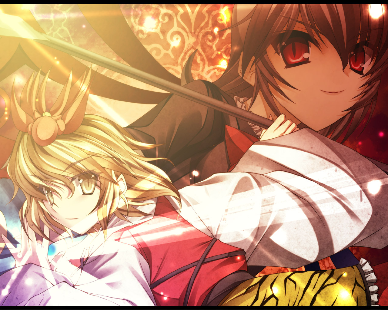 takeda aranobu, houjuu nue, toramaru shou, touhou, 2girls, bishamonten's pagoda, black hair, blonde hair, female focus, letterboxed, multiple girls, red eyes, yellow eyes