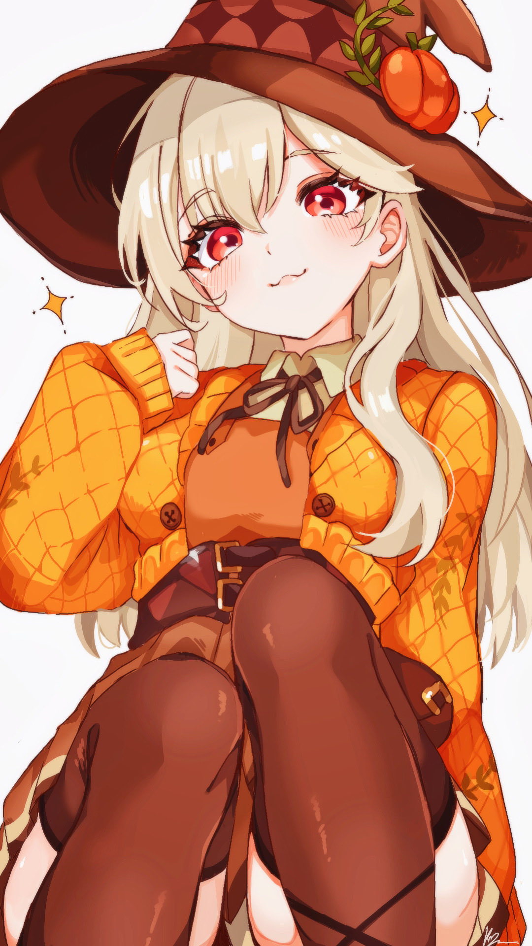 kurerin, lexa (fortnite), lexa hexbringer, fortnite, commentary, highres, 1girl, :3, belt, blonde hair, blush, breasts, brown belt, brown hat, brown ribbon, brown thighhighs, cropped jacket, dress, feet out of frame, hair between eyes, hand up, hat, head tilt, jacket, knees up, long hair, long sleeves, looking at viewer, medium breasts, orange dress, orange jacket, pleated dress, pumpkin hat ornament, quilted jacket, red eyes, ribbon, signature, simple background, solo, sparkle, thighhighs, thighs, white background, wing collar, witch hat, zettai ryouiki