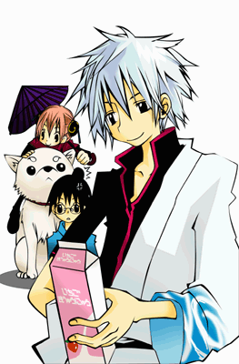 kagura (gintama), sadaharu, sakata gintoki, shimura shinpachi, gintama, inactive account, lowres, 1girl, 2boys, ^^^, animal, archived page, black eyes, black hair, black shirt, blue kimono, closed mouth, cowboy shot, dog, drink carton, everyone, eyes visible through eyewear, glasses, hand on another's head, hand on own hip, hand up, high collar, holding, holding milk carton, holding umbrella, japanese clothes, kimono, long sleeves, looking down, milk carton, multiple boys, nyami (ayanami rie), off shoulder, oversized animal, pink trim, print kimono, purple umbrella, red scarf, riding, riding animal, samurai, scarf, shirt, short hair, simple background, smile, solo focus, strawberry milk, umbrella, white background, white dog, white hair, wide sleeves