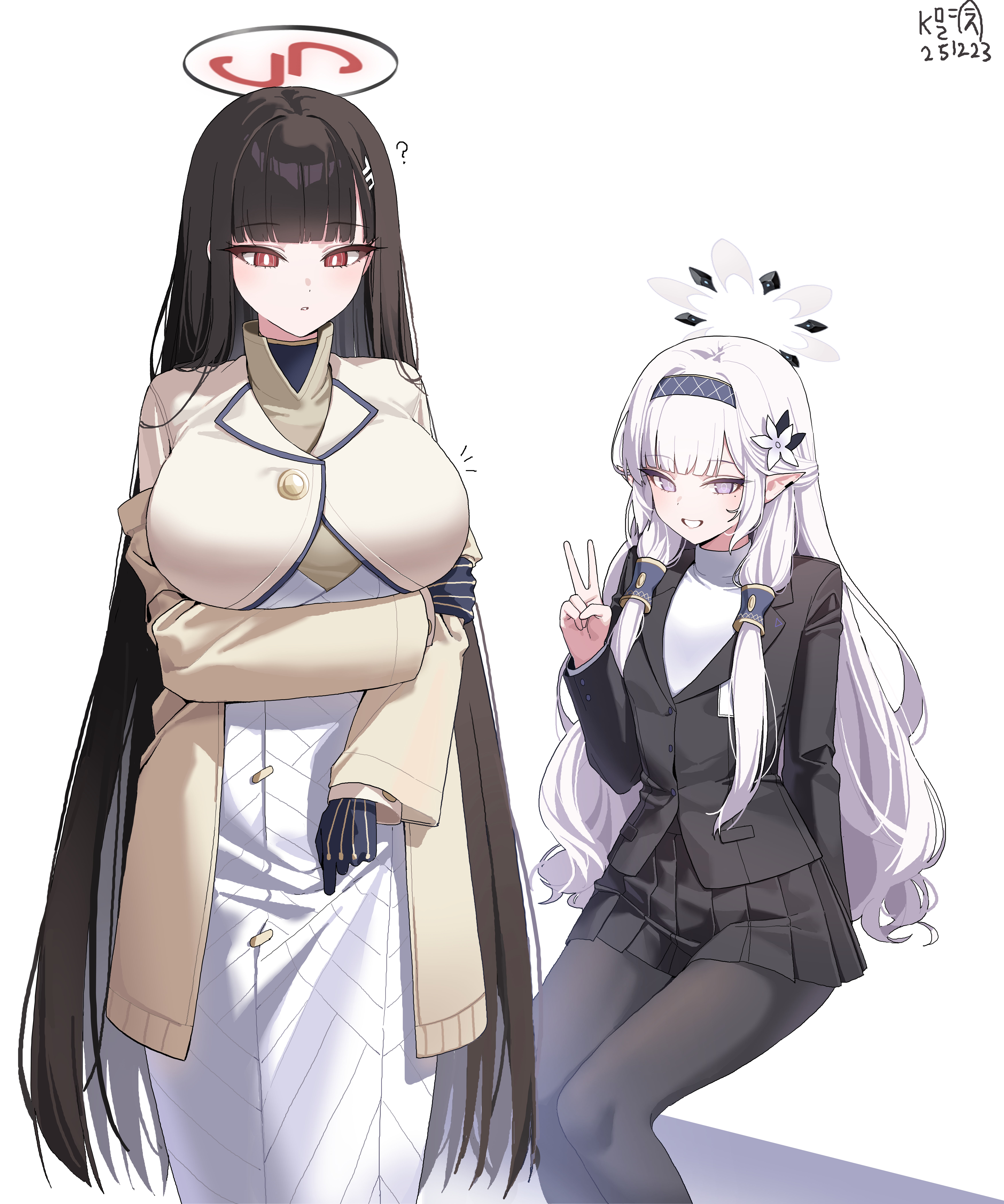 myeolchi, himari (blue archive), rio (blue archive), blue archive, absurdres, commentary, highres, 2girls, arm behind back, black gloves, black hair, black jacket, black pantyhose, black skirt, blunt bangs, blush, breasts, brown jacket, closed mouth, cosplay, costume switch, dress, earclip, flower, gloves, grey hair, grin, hair flower, hair ornament, hairband, hairclip, halo, jacket, large breasts, long hair, multiple girls, open clothes, open jacket, pantyhose, pleated skirt, pointy ears, purple eyes, purple hairband, red eyes, red halo, shirt, sitting, skirt, smile, turtleneck, turtleneck shirt, v, white dress, white flower, white halo, white shirt