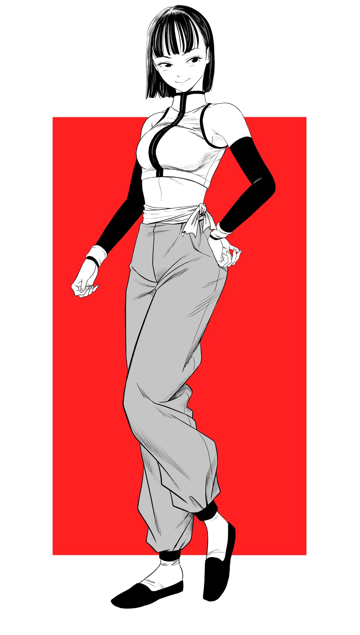 lee (dragon garou), original, commentary request, highres, 1girl, breasts, crop top, cropped jacket, detached sleeves, greyscale with colored background, hand on own hip, high-waist pants, jacket, medium breasts, midriff, pants, red background, shoes, short hair, sleeveless, sleeveless jacket, smile, solo, turtleneck, turtleneck jacket