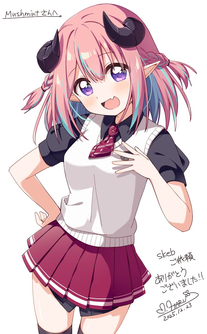 haru (konomi 150), hellmilia van noxrose, hajimeru sekai no risouron, commentary request, commission, skeb commission, 1girl, :d, black horns, black shirt, black thighhighs, blue hair, blush, braid, collared shirt, colored inner hair, commissioner name, cowboy shot, dated, dot nose, fang, hair between eyes, hand up, horns, looking at viewer, medium hair, miniskirt, multicolored hair, necktie, open mouth, pink hair, pleated skirt, pointy ears, purple eyes, red necktie, red skirt, shirt, short necktie, short sleeves, sidelocks, signature, simple background, skin fang, skirt, smile, solo, streaked hair, sweater vest, thighhighs, twin braids, two-tone hair, white background, white sweater vest, zettai ryouiki