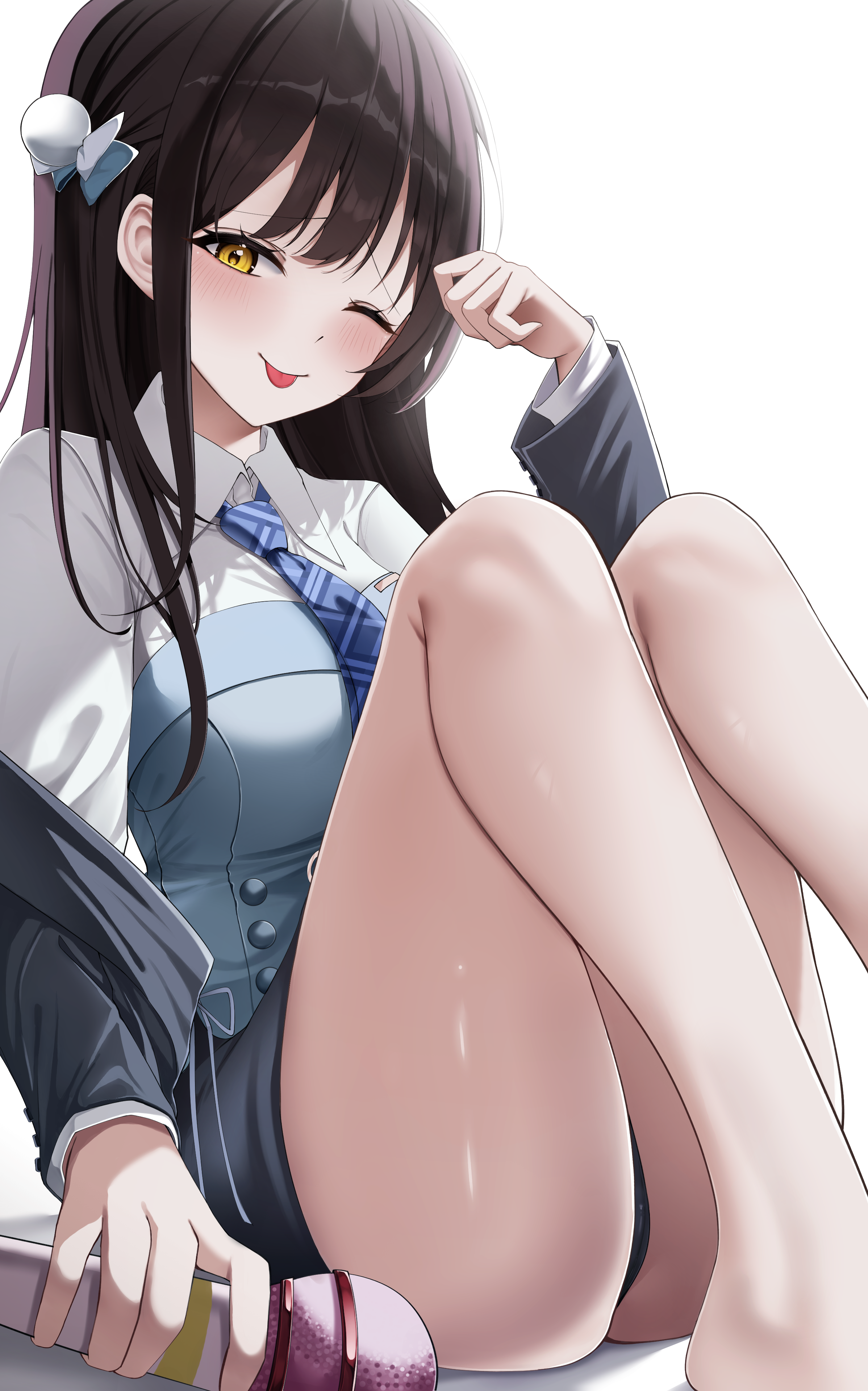 papaya b0i, diesel (nikke), diesel (winter sweets) (nikke), goddess of victory: nikke, absurdres, highres, 1girl, black hair, black jacket, black skirt, blue corset, blue necktie, corset, holding, holding microphone, jacket, light blush, long hair, looking at viewer, microphone, necktie, official alternate costume, open clothes, open jacket, plaid clothes, plaid necktie, shirt, sitting, skirt, solo, thighs, tongue, tongue out, white background, white shirt, wireless microphone, yellow eyes