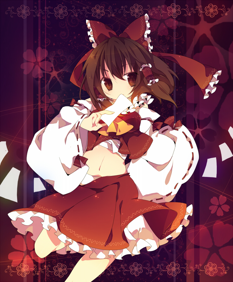 ana (rznuscrf), hakurei reimu, imperishable night, touhou, bad id, bad pixiv id, 1girl, bow, brown eyes, brown hair, detached sleeves, female focus, hair bow, hair ribbon, japanese clothes, midriff, miko, navel, ofuda, ribbon, slit pupils, smile, solo
