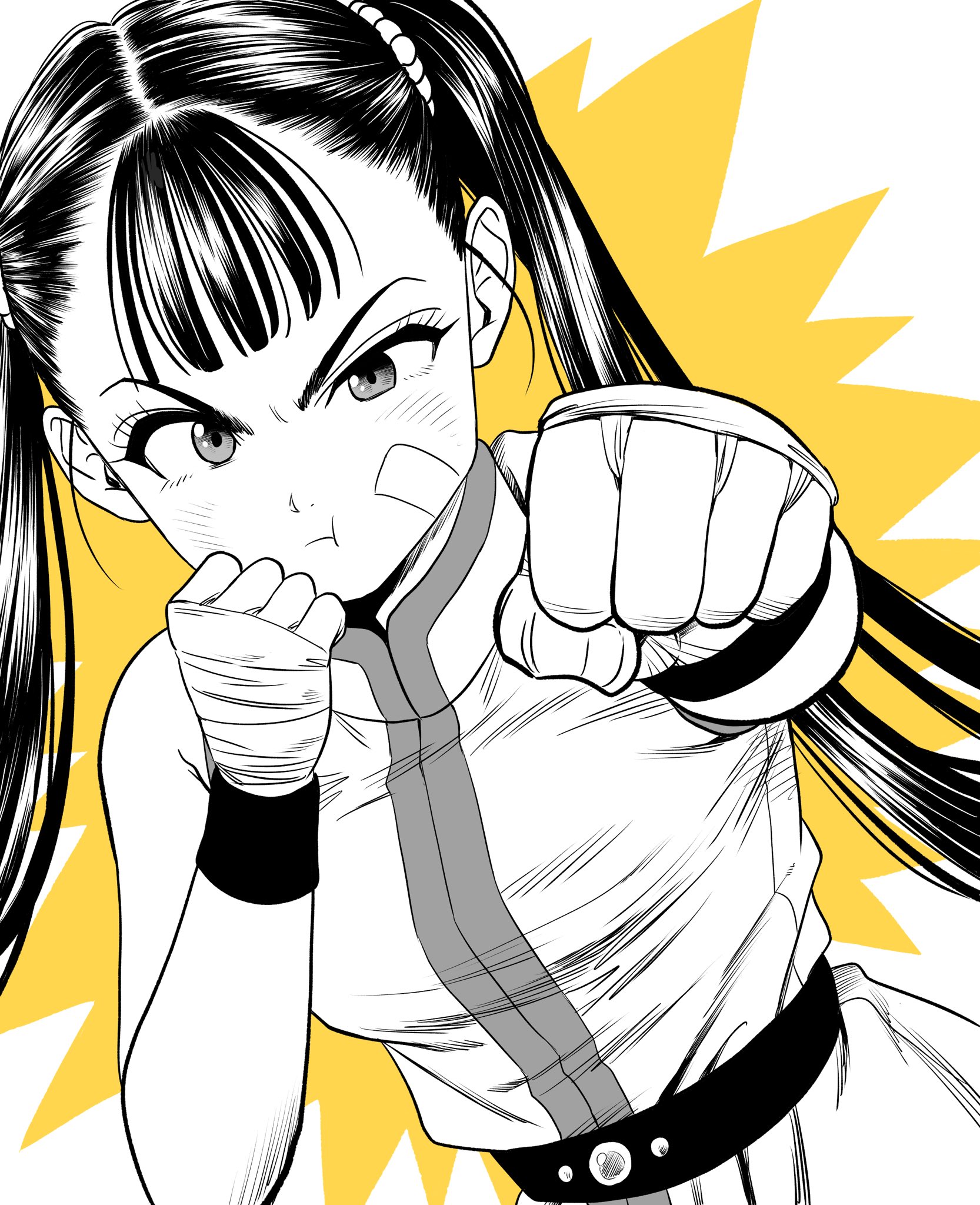 lee (dragon garou), original, chinese commentary, commentary request, highres, 1girl, bandaid, bandaid on cheek, bandaid on face, breasts, clenched hands, dutch angle, fighting stance, greyscale with colored background, hand wraps, light blush, long hair, medium breasts, pout, punching, solo, twintails, v-shaped eyebrows, wristband, yellow background