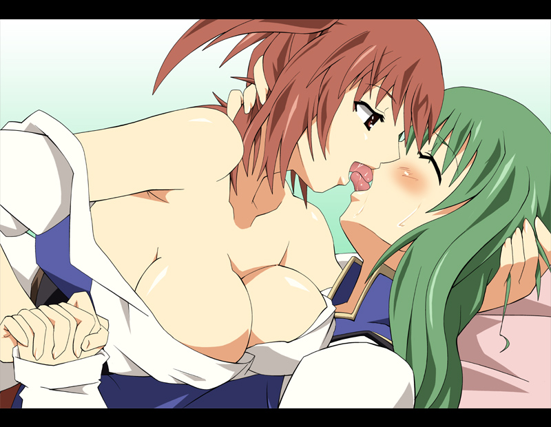 shin'ya (nanp), onozuka komachi, shiki eiki, touhou, hand on head, 2girls, bare shoulders, bed, blush, breasts, cleavage, closed eyes, couple, female focus, french kiss, girl on top, green hair, holding hands, kiss, large breasts, lips, long hair, lying, multiple girls, on back, open mouth, red eyes, red hair, saliva, sweat, tongue, undressing, yuri