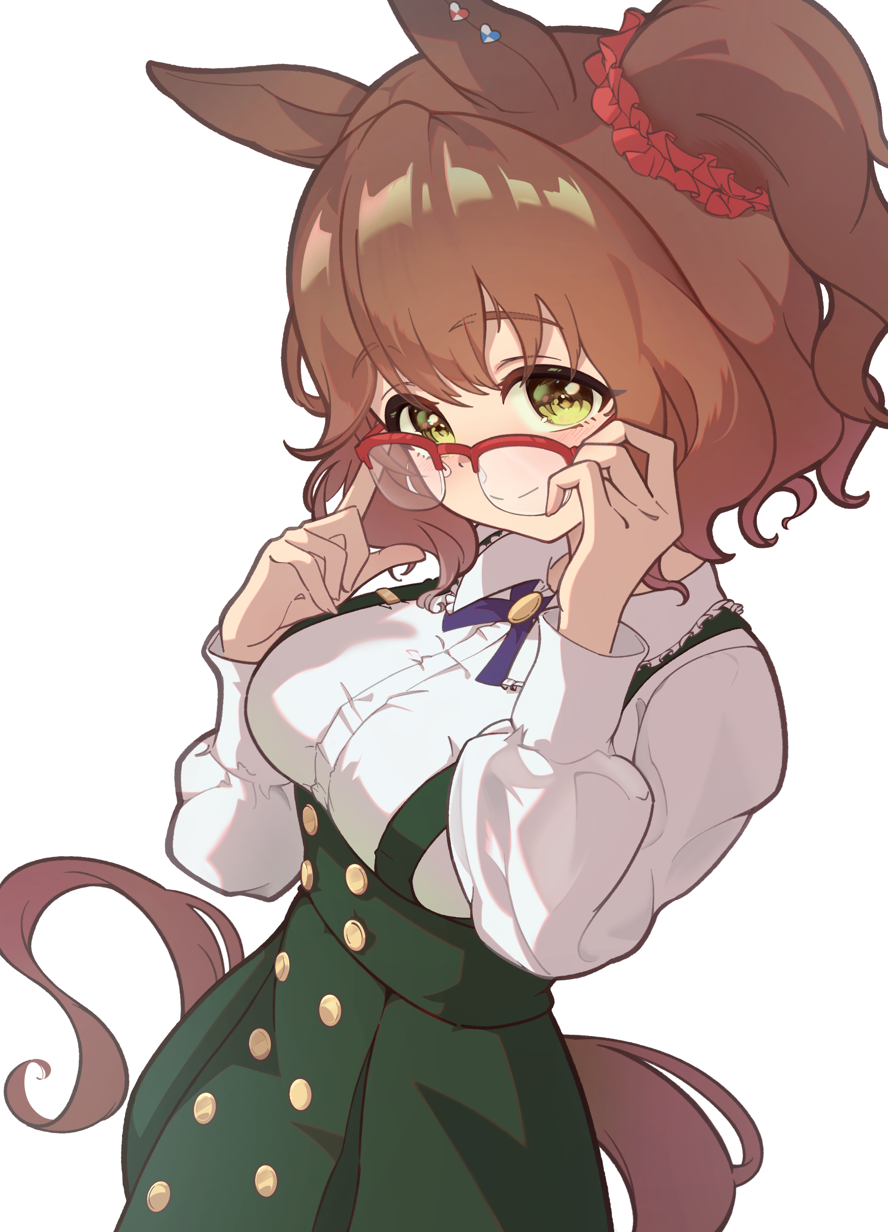 modi, aston machan (umamusume), umamusume, absurdres, highres, 1girl, animal ears, blush, breasts, brown hair, closed mouth, glasses, green eyes, green skirt, hair ornament, hair scrunchie, high-waist skirt, horse ears, horse girl, horse tail, large breasts, looking at viewer, medium hair, one side up, red-framed eyewear, red scrunchie, scrunchie, semi-rimless eyewear, shirt, skirt, smile, solo, tail, white shirt