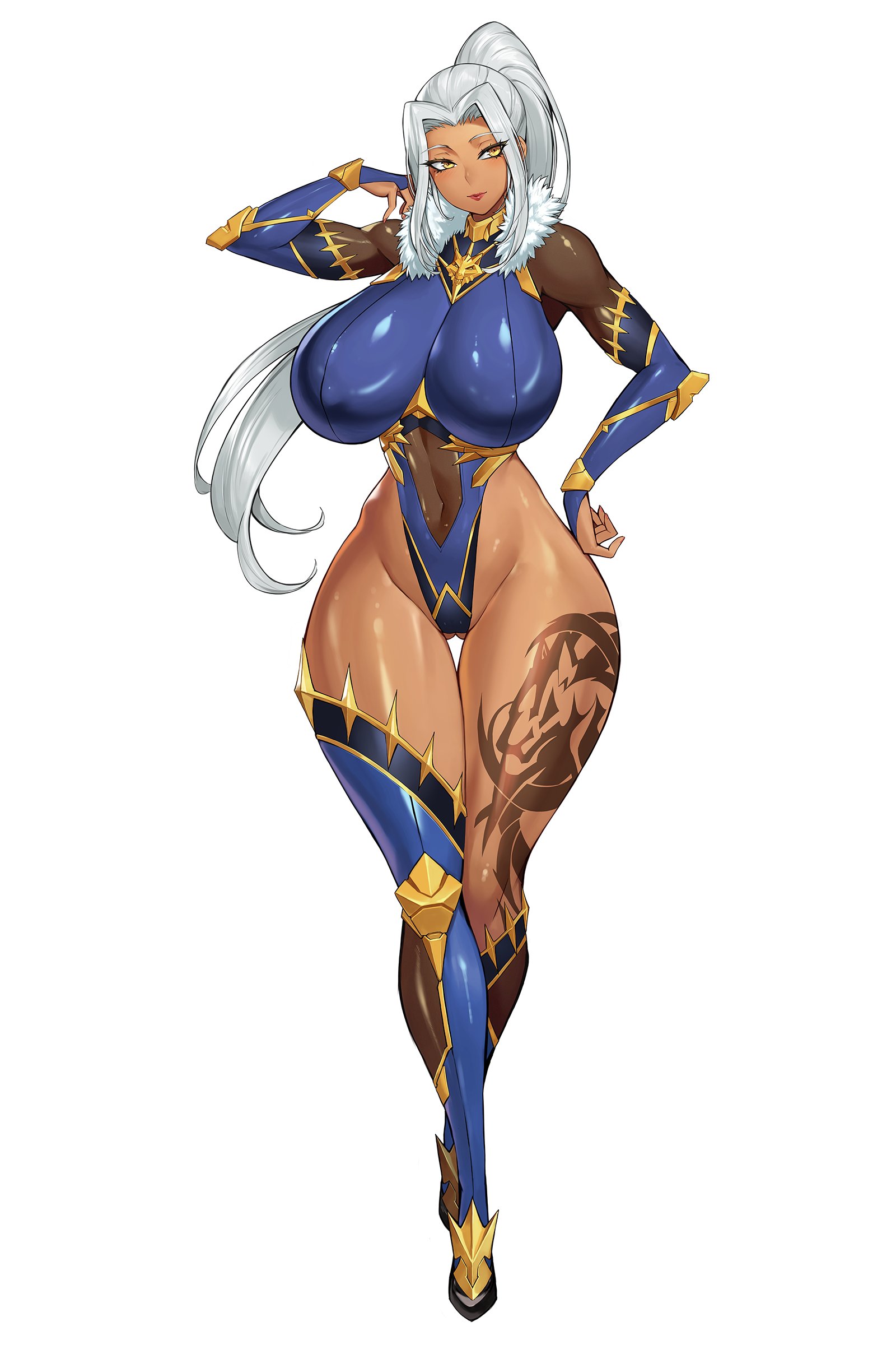 gurimjang, original, absurdres, commentary, commission, english commentary, highres, 1girl, asymmetrical legwear, blue bridal gauntlets, blue thighhighs, breasts, bridal gauntlets, covered navel, curvy, dark-skinned female, dark skin, full body, gold trim, hand on own hip, high ponytail, highleg, highleg leotard, huge breasts, impossible clothes, impossible leotard, leg tattoo, leotard, ponytail, shiny clothes, shiny skin, simple background, single thighhigh, solo, super highleg, tattoo, thighhighs, white background, white hair, yellow eyes