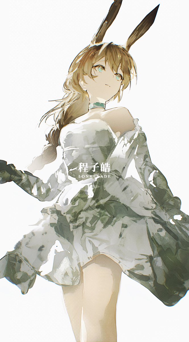 amiya (arknights), arknights, highres, 1girl, animal ears, artist name, blue eyes, braid, chinese text, long hair, lonkulade, rabbit ears, simple background, skirt, solo, thighs, white background