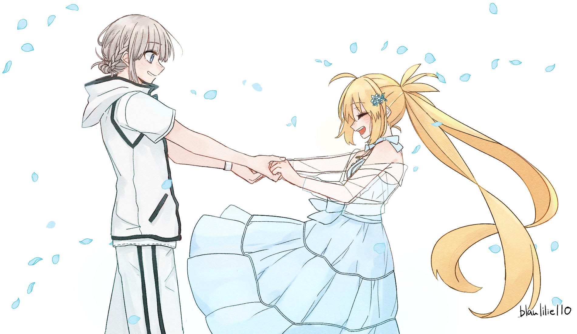 artoria caster (fate), artoria caster (over the same sky) (fate), artoria pendragon (fate), oberon (fate), oberon (over the same sky) (fate), fate/grand order, fate (series), commentary request, highres, 1boy, 1girl, ahoge, artist name, blaulilie110, blonde hair, blue dress, blue eyes, braid, closed eyes, crown braid, dress, flower, from side, grey hair, hair bun, hair flower, hair ornament, holding hands, hood, hooded jacket, jacket, long dress, long hair, petals, short-sleeved jacket, short sleeves, signature, single hair bun, twintails, very long hair, white jacket, wristband