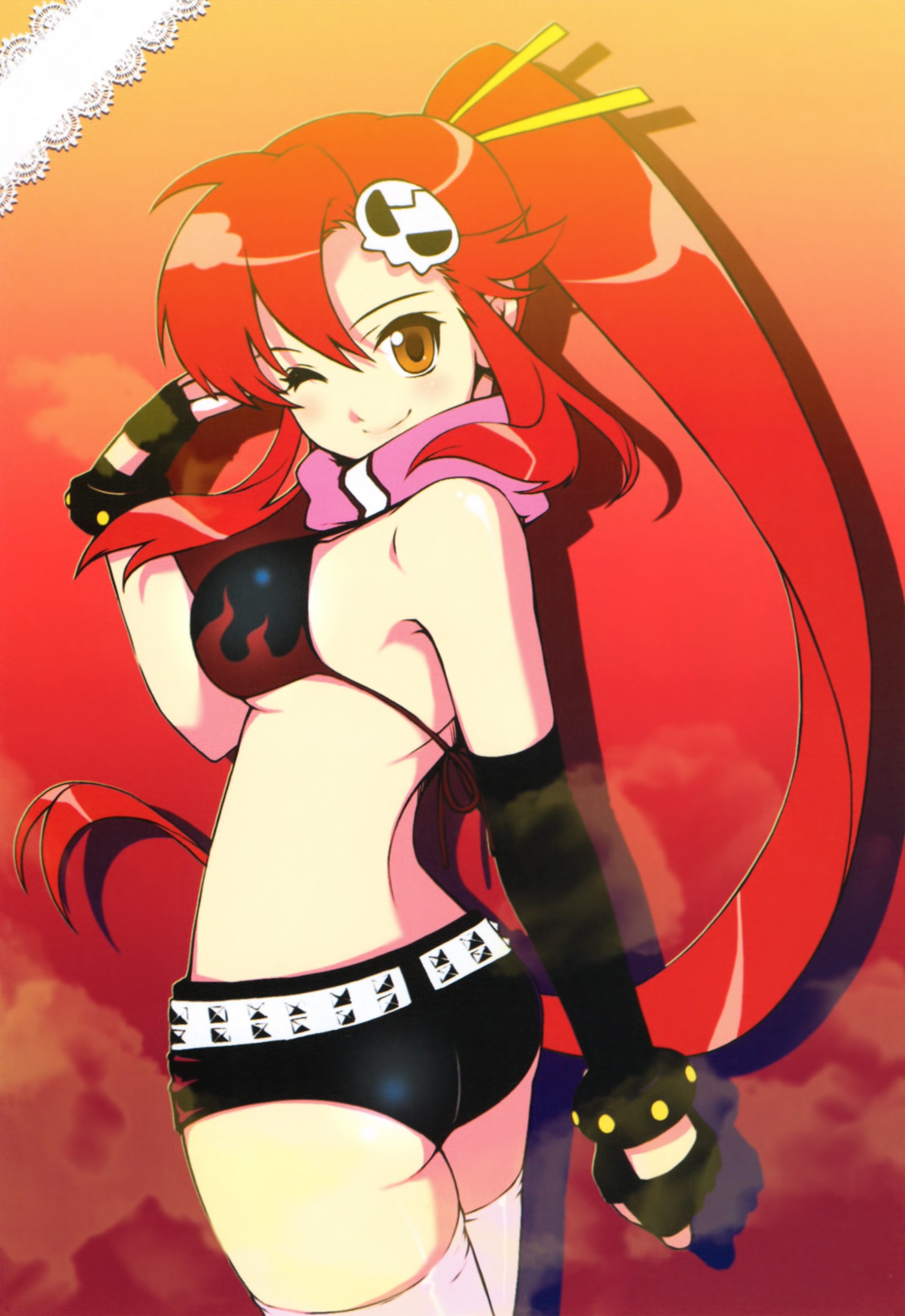 yoko littner, tengen toppa gurren lagann, highres, 00s, breasts, long hair, ponytail, red hair, thighhighs, wink