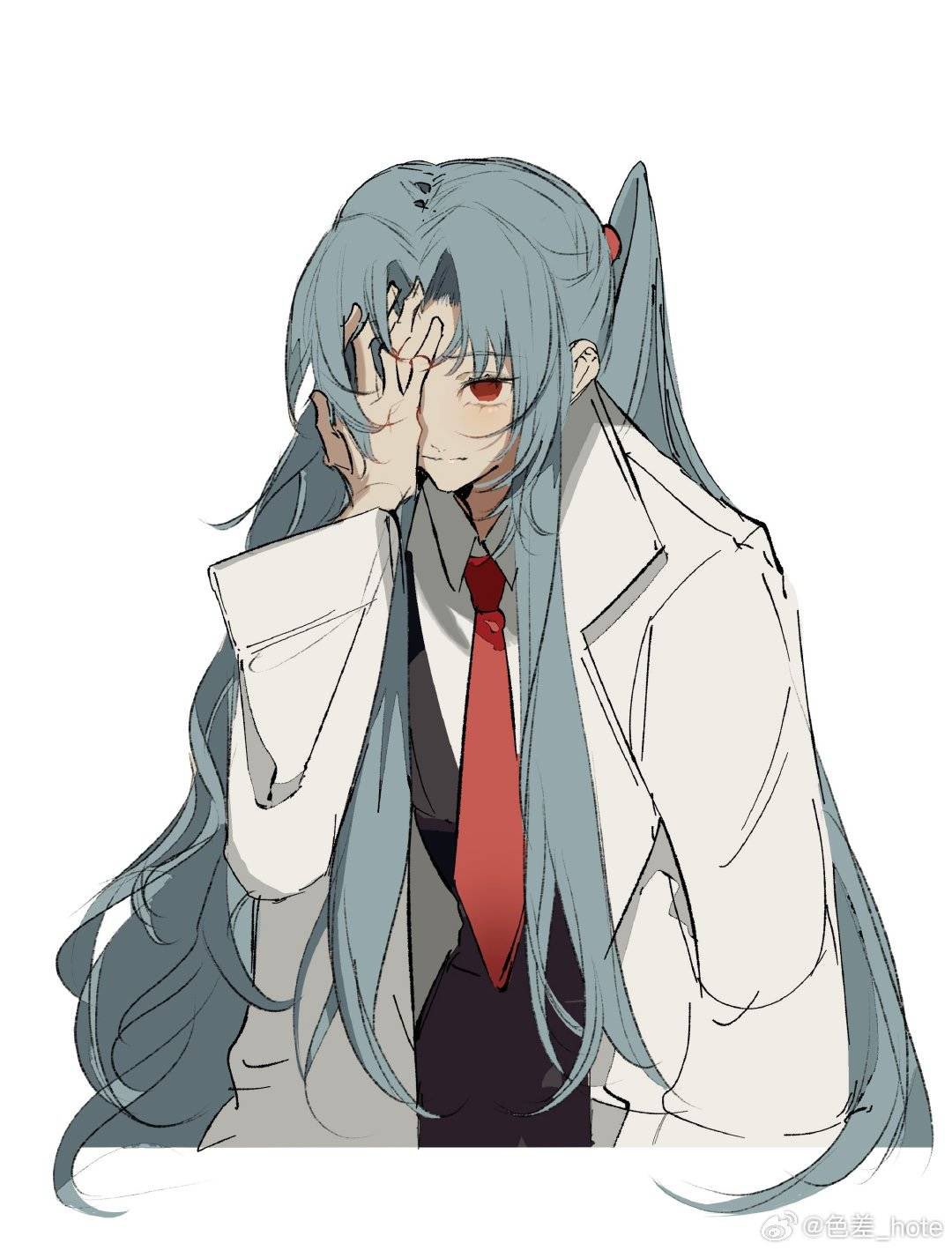 angela (project moon), lobotomy corporation, project moon, highres, 1girl, black suit, blue hair, coat, formal clothes, hand on own face, lab coat, long hair, necktie, red eyes, side ponytail, suit, tetetebi, upper body, watermark, white background, white coat