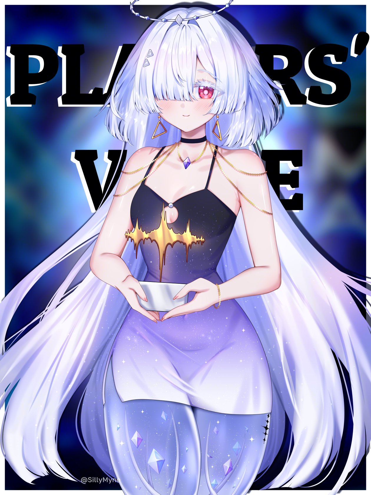 sillymyne, mornye (wuthering waves), the game awards, wuthering waves, commentary, english commentary, highres, revision, 1girl, bare shoulders, blush, breasts, closed mouth, colored eyelashes, dress, fingernails, gradient clothes, gradient dress, grey hair, hair intakes, hair ornament, halo, holding, long hair, looking at viewer, medium breasts, purple dress, red eyes, see-through body, smile, solo, tacet mark (wuthering waves), twitter username, very long hair