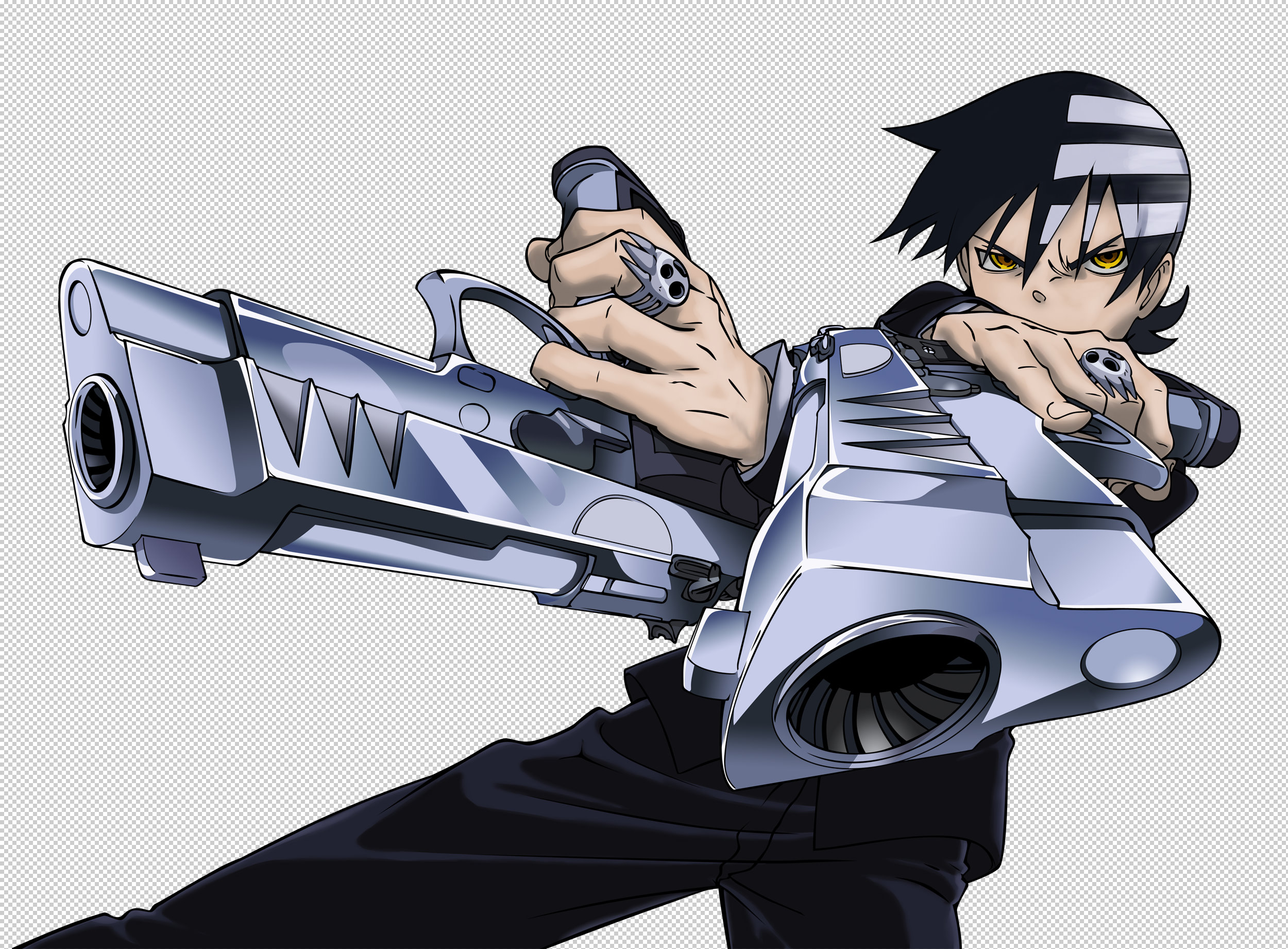 death the kid, soul eater, highres, 00s, black hair, gun, weapon, yellow eyes