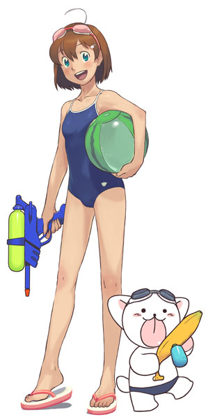 ishikawa hideki, original, source request, 1girl, 1other, :p, ahoge, animal, aqua eyes, ball, banana, beachball, blue male swimwear, blue one-piece swimsuit, blue school swimsuit, blue swim briefs, blush, brown hair, collarbone, competition school swimsuit, eyewear on head, female focus, flip-flops, food, fruit, full body, goggles, goggles on head, green eyes, holding, holding ball, holding beachball, legs, looking at viewer, male swimwear, one-piece swimsuit, open mouth, sandals, school swimsuit, short hair, simple background, solo, swim briefs, swimsuit, teeth, tongue, tongue out, upper teeth only, water gun, watermelon beachball, white background