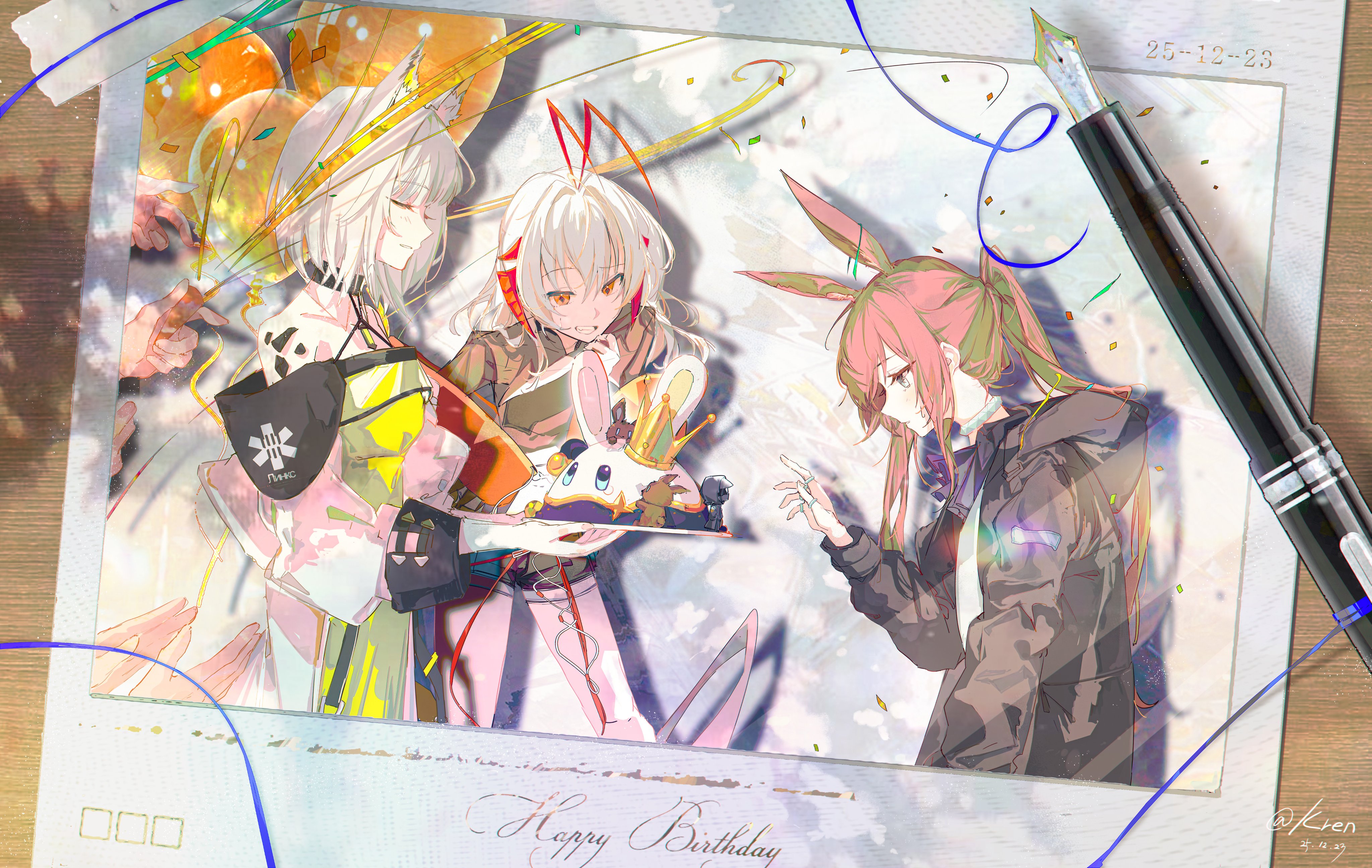 kuren kren, amiya (arknights), kal'tsit (arknights), w (arknights), wis'adel (arknights), arknights, absurdres, highres, 3girls, animal ears, birthday cake, brown hair, cake, calligraphy brush, dress, english text, food, happy birthday, horns, jacket, multiple girls, off-shoulder dress, off shoulder, paintbrush, photo (object), rabbit ears, white hair