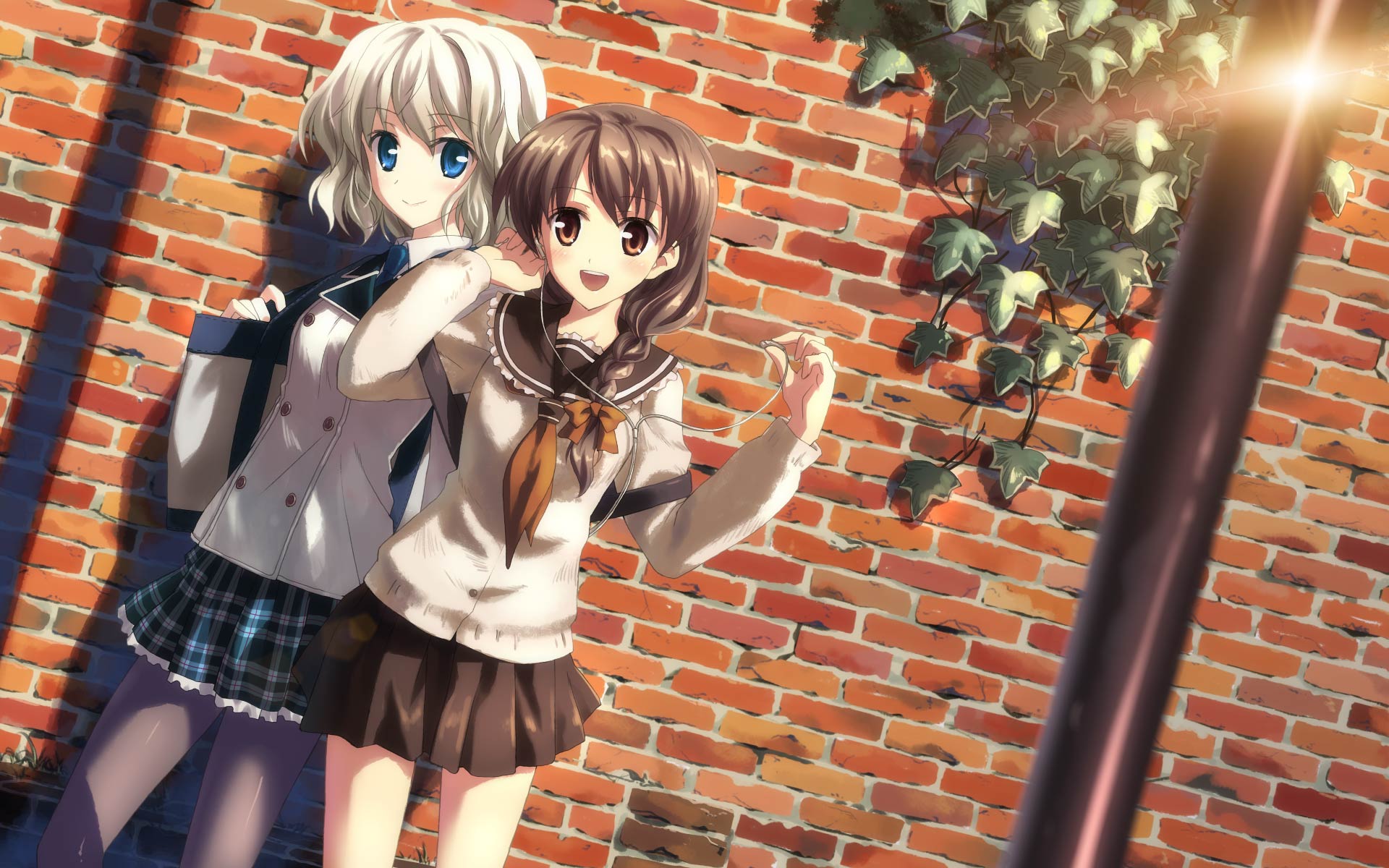 yuuki tatsuya, original, black legwear, silver hair, highres, 2girls, blue eyes, bow, braid, braided ponytail, brown eyes, brown hair, cable, hair bow, headphones, looking at viewer, multiple girls, necktie, outdoors, pantyhose, plaid clothes, plaid skirt, ponytail, school uniform, serafuku, short hair, single braid, skirt, smile, sweater
