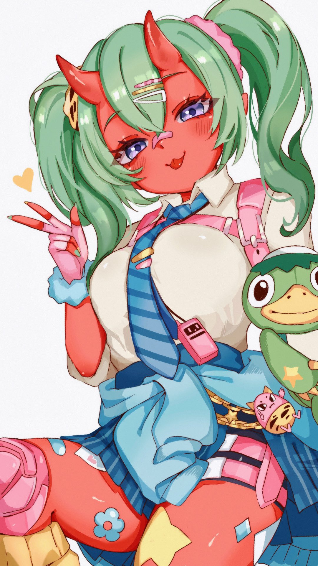 kurerin, nemia (fortnite), fortnite, commentary, highres, 1girl, :3, :p, bandaid, bandaid on face, bandaid on nose, bike shorts, bike shorts under skirt, black shorts, blue eyes, blue jacket, blue necktie, blue skirt, blush, breasts, clothes around waist, colored skin, diagonal-striped clothes, diagonal-striped necktie, feet out of frame, fingerless gloves, flower sticker, gloves, green hair, hair between eyes, hair ornament, hair scrunchie, hairclip, hand up, heart, horns, jacket, jacket around waist, knee brace, large breasts, leg warmers, looking at viewer, multiple thigh straps, necktie, pink gloves, pleated skirt, red horns, red skin, scrunchie, shirt, short sleeves, shorts, simple background, skin-covered horns, skirt, solo, star (symbol), star sticker, sticker, sticker on leg, striped clothes, stuffed toy, thigh strap, thighs, tongue, tongue out, twintails, w, white background, white shirt, wing collar, wrist scrunchie, yellow leg warmers