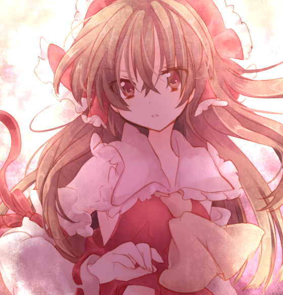 riichu, hakurei reimu, touhou, bad id, bad pixiv id, 1girl, backlighting, bow, brown eyes, brown hair, close-up, detached sleeves, female focus, hair bow, hair ornament, japanese clothes, large bow, long hair, looking at viewer, miko, ribbon, solo, staring