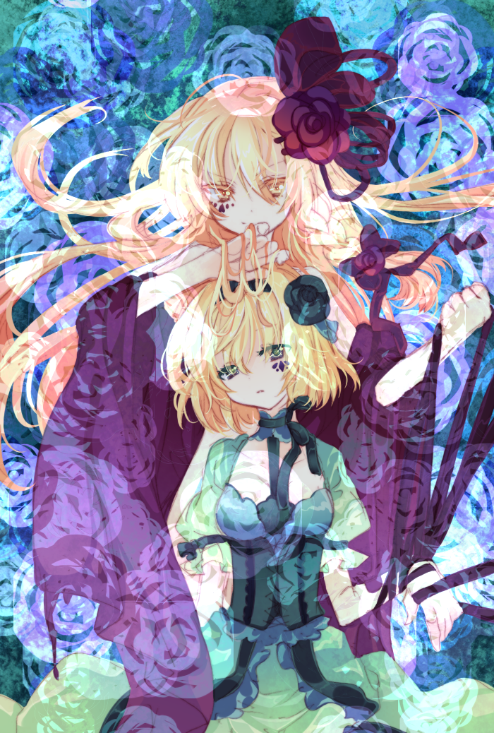 riichu, alice margatroid, kirisame marisa, touhou, bad id, bad pixiv id, 2girls, alternate costume, blonde hair, choker, colored eyelashes, dress, eyelashes, facepaint, female focus, flower, green eyes, hair flower, hair ornament, head tilt, long hair, multiple girls, plant, rose, short hair, twirling hair, yellow eyes, yuri