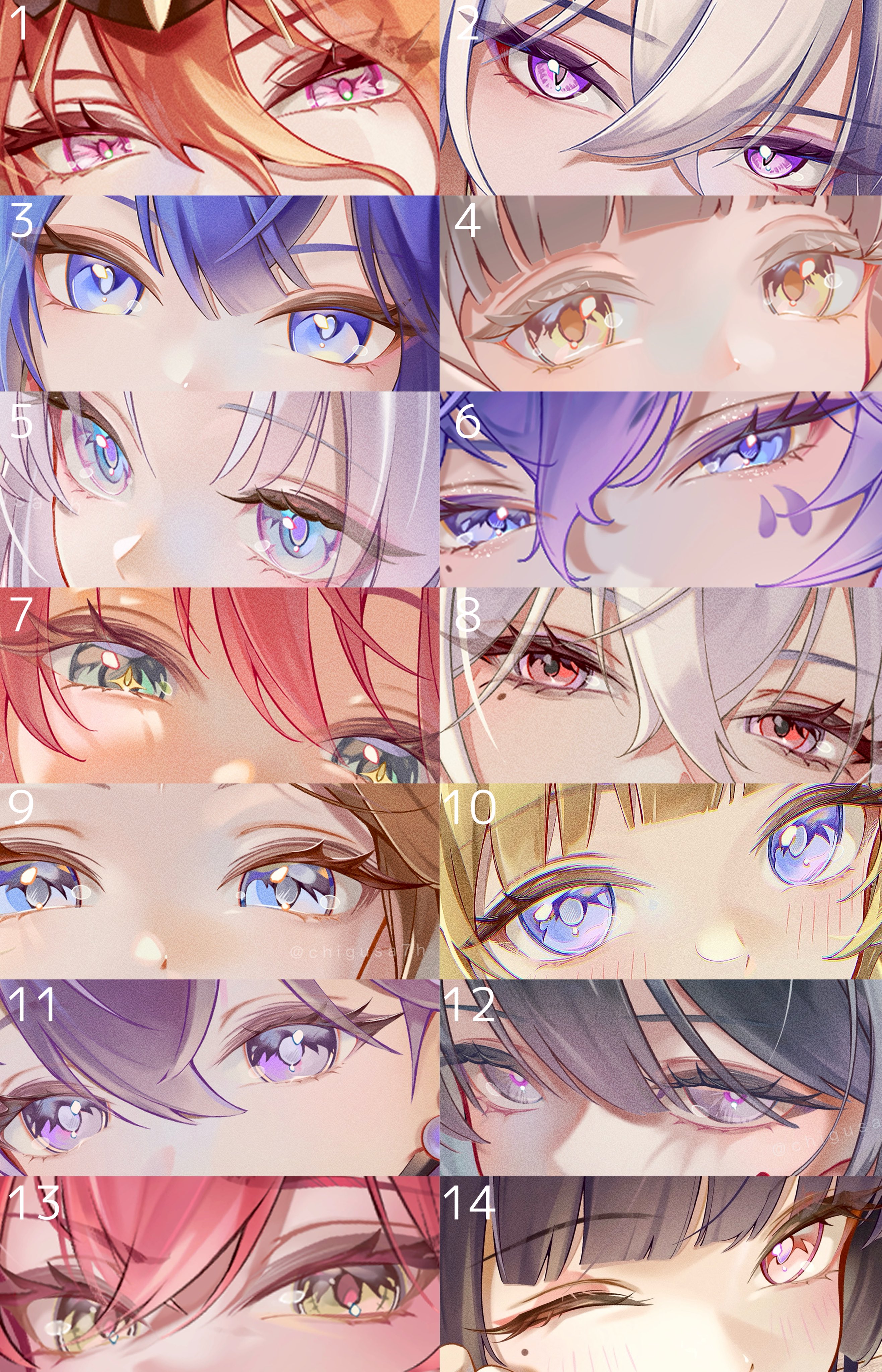 chigusa7h, augusta (wuthering waves), cantarella (wuthering waves), carlotta (wuthering waves), cartethyia (wuthering waves), chisa (wuthering waves), ciaccona (wuthering waves), galbrena (wuthering waves), iuno (wuthering waves), lupa (wuthering waves), margherita (wuthering waves), phoebe (wuthering waves), phrolova (wuthering waves), rosemary (wuthering waves), zani (wuthering waves), wuthering waves, absurdres, commentary, commentary request, english commentary, highres, mixed-language commentary, blonde hair, blue eyes, blue hair, colored eyelashes, eye focus, facial mark, green eyes, grey hair, hair between eyes, mark under eye, mole, mole under eye, orange hair, pink eyes, pink hair, purple eyes, purple hair, red eyes, red hair, red pupils, yellow eyes