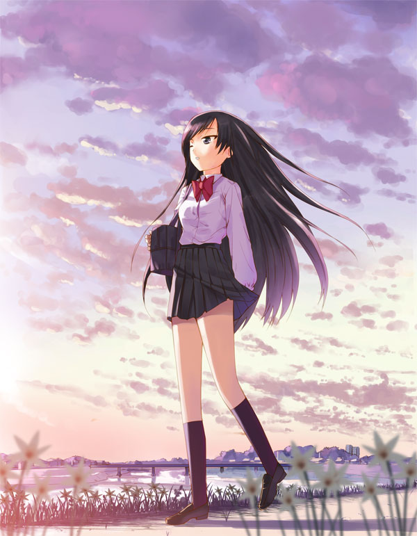 yamamoto shima, original, 1girl, female focus, full body, legs, long hair, nature, outdoors, school uniform, skirt, sky, solo