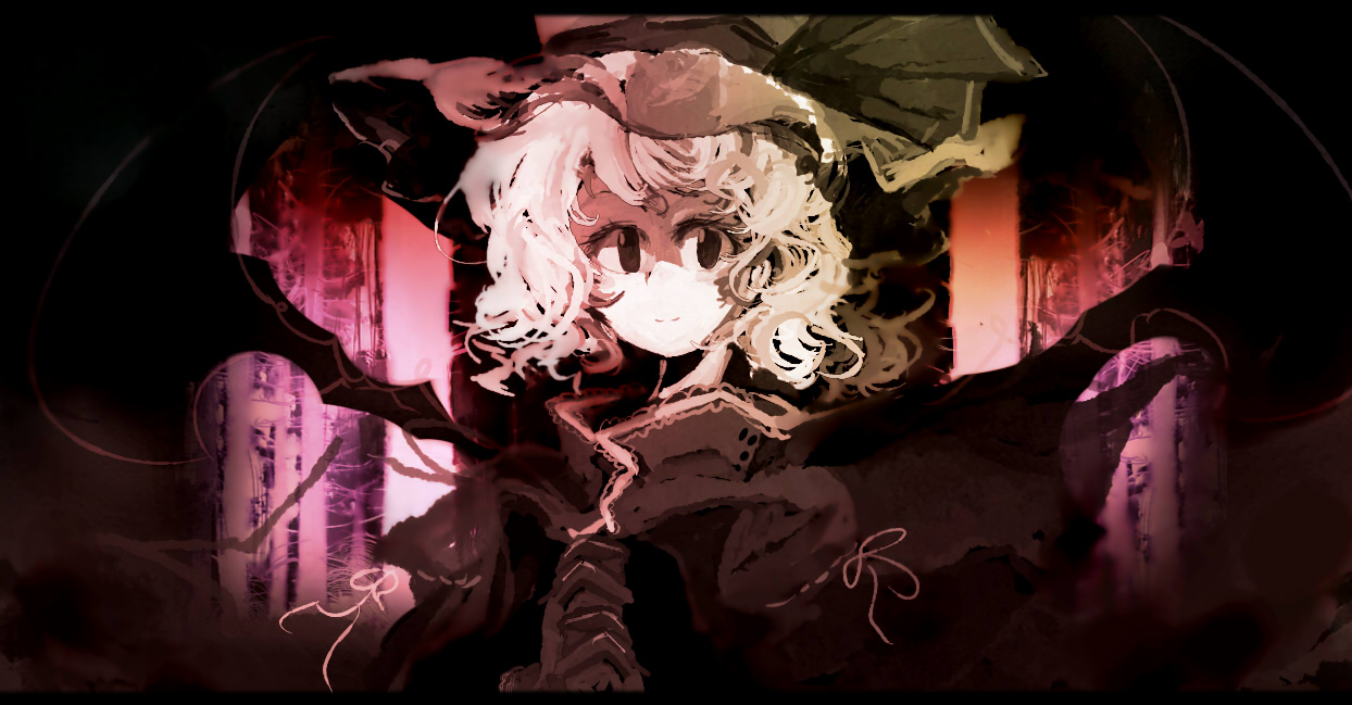 yoshioka yoshiko, remilia scarlet, touhou, 1girl, curly hair, female focus, own hands clasped, own hands together, solo, wings