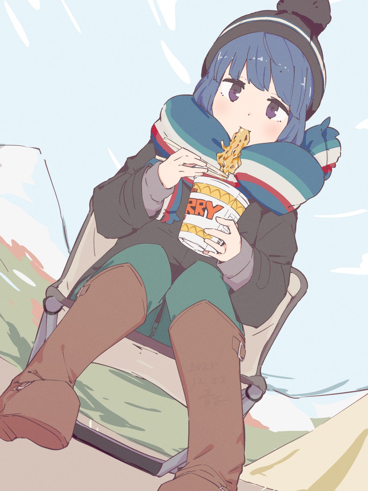 bluearcadegames, shima rin, yurucamp, highres, 1girl, beanie, black hat, blue hair, blush, boots, camping chair, chair, chopsticks, cup, eating, folding chair, green pants, hat, holding, holding chopsticks, holding cup, instant cup noodles, instant noodles, multicolored scarf, on chair, outdoors, pants, purple eyes, scarf, sitting, sky, solo