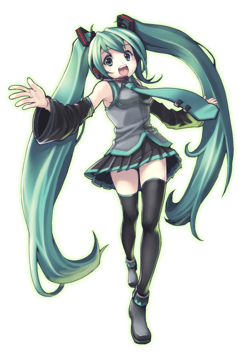 christinya, hatsune miku, vocaloid, highres, 1girl, aqua eyes, aqua hair, bare shoulders, detached sleeves, female focus, headphones, headset, legs, long hair, looking at viewer, music, necktie, open mouth, outstretched arms, simple background, singing, solo, spread arms, thighhighs, twintails, very long hair, zettai ryouiki