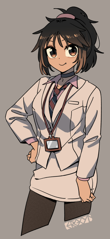 ergot, tina (ergot), original, commentary request, 1girl, artist name, brown eyes, brown hair, choker, closed mouth, collared shirt, jacket, lanyard, looking at viewer, medium hair, necktie, pantyhose, pink shirt, shirt, simple background, skirt, standing, upper body, white jacket, white skirt