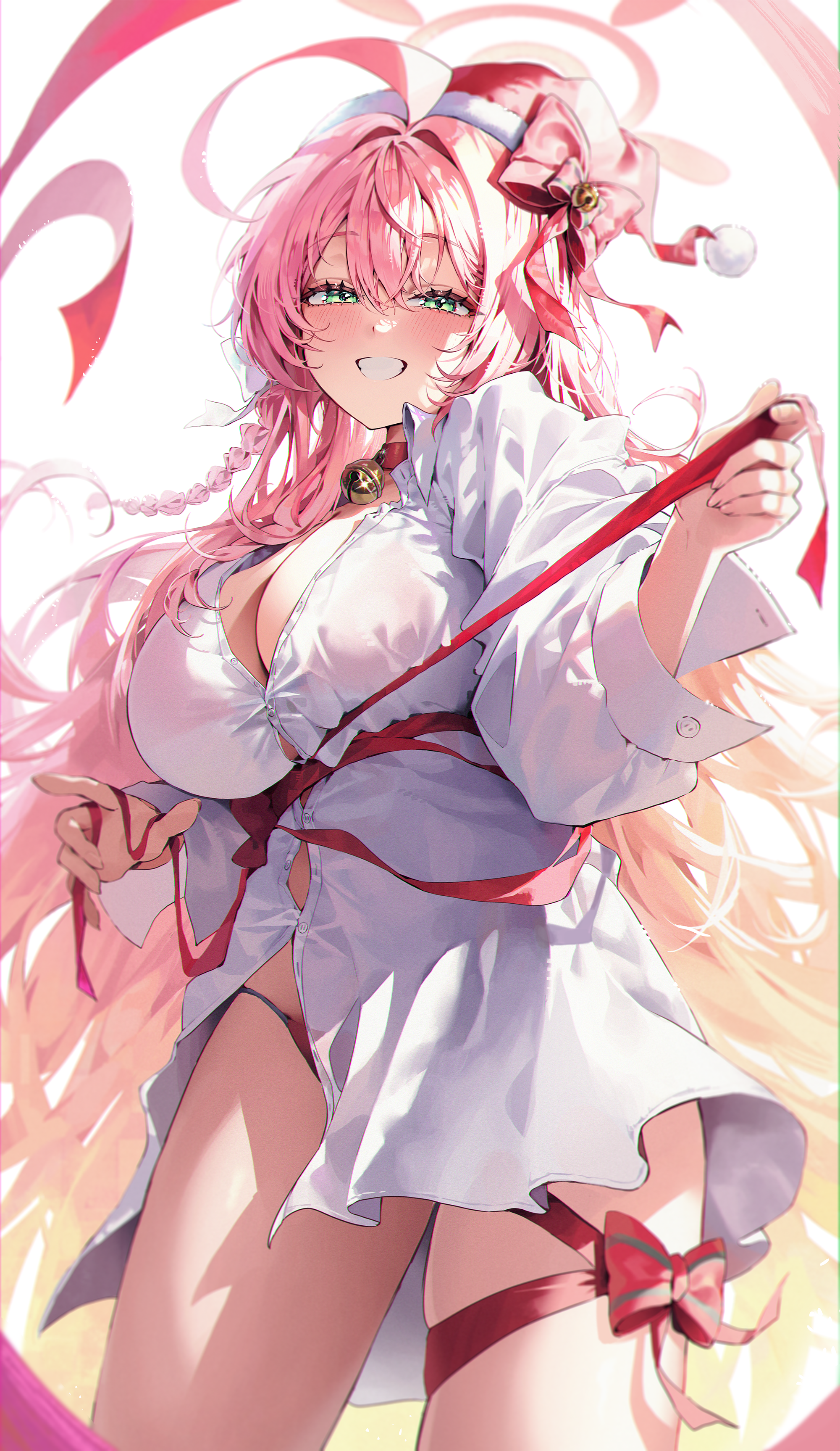 46 coffee, hanako (blue archive), hanako (swimsuit) (blue archive), blue archive, absurdres, highres, 1girl, ahoge, bikini, bikini under clothes, bow, breasts, cleavage, green eyes, halo, hat, large breasts, long hair, looking at viewer, official alternate costume, oversized clothes, oversized shirt, partially unbuttoned, pink bikini, pink hair, pink halo, red bow, red ribbon, ribbon, santa hat, shirt, smile, solo, swimsuit, white background, white bow, white shirt