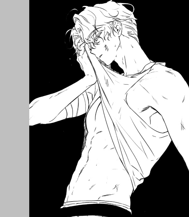 luka (alien stage), alien stage, commentary, english commentary, 1boy, clothes lift, from side, greyscale, lubya, male focus, monochrome, navel, parted lips, shirt lift, short hair, solo, tank top, very short hair, wiping face