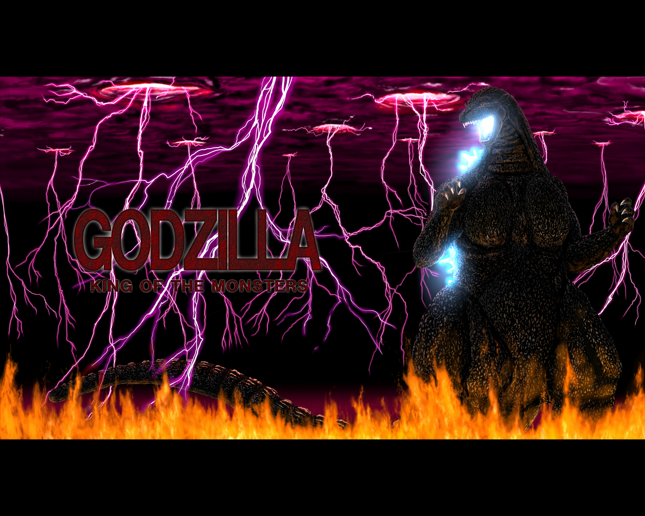hisshamaru, godzilla, godzilla (series), toho, aura, character name, claws, dinosaur, electricity, energy, english text, fire, glowing, glowing mouth, glowing spikes, kaiju, lightning, monster, no humans, open mouth, purple electricity, sharp teeth, spikes, tail, teeth