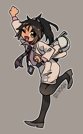 ergot, tina (ergot), original, commentary request, 1girl, :d, artist name, black shoes, brown eyes, brown hair, choker, collared shirt, full body, jacket, lanyard, looking at viewer, medium hair, necktie, one eye closed, open mouth, pantyhose, pink shirt, running, shirt, shoes, simple background, skirt, smile, white bag, white jacket, white skirt