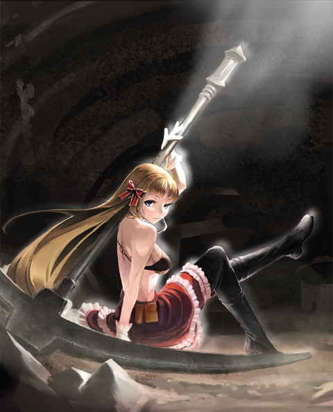 kawa akira, original, 1girl, bare shoulders, bikini, bikini top only, blonde hair, boots, breasts, female focus, full body, gloves, hair ribbon, legs, long hair, oversized object, pickaxe, ribbon, skirt, solo, swimsuit, thigh boots, thighhighs, weapon