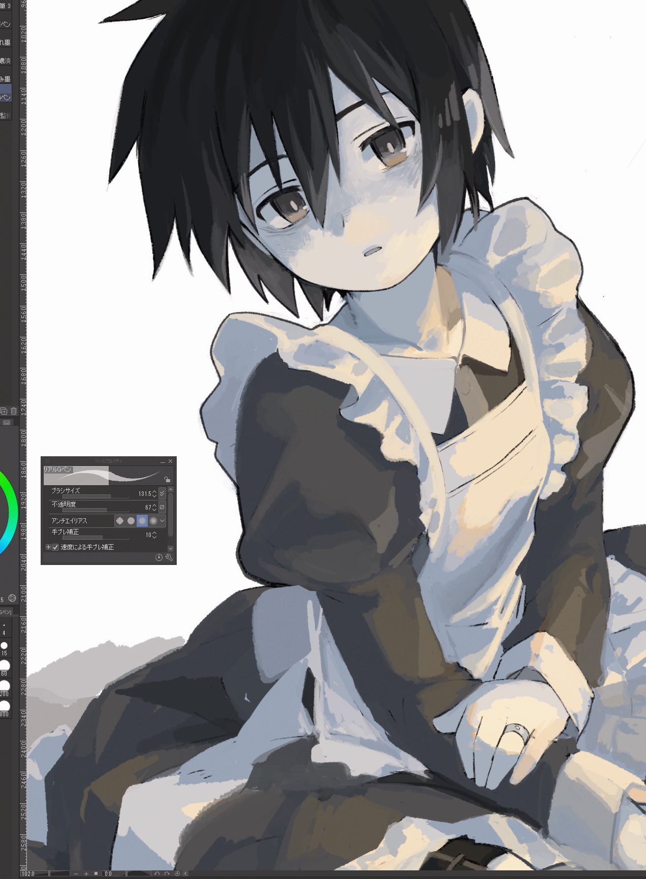 taru153, kino (kino no tabi), kino no tabi, highres, 1girl, :o, alternate costume, apron, black hair, black sleeves, brown eyes, enmaided, frilled apron, frills, hair between eyes, jewelry, maid, maid apron, open mouth, parted lips, ring, simple background, sitting, solo, white background