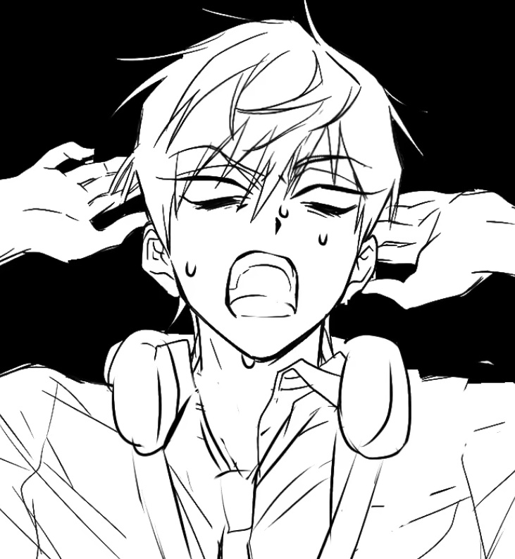 till (alien stage), alien stage, 1boy, blank eyes, hands up, headphones, headphones around neck, lubya, male focus, necktie, open mouth, short hair, solo, sweat