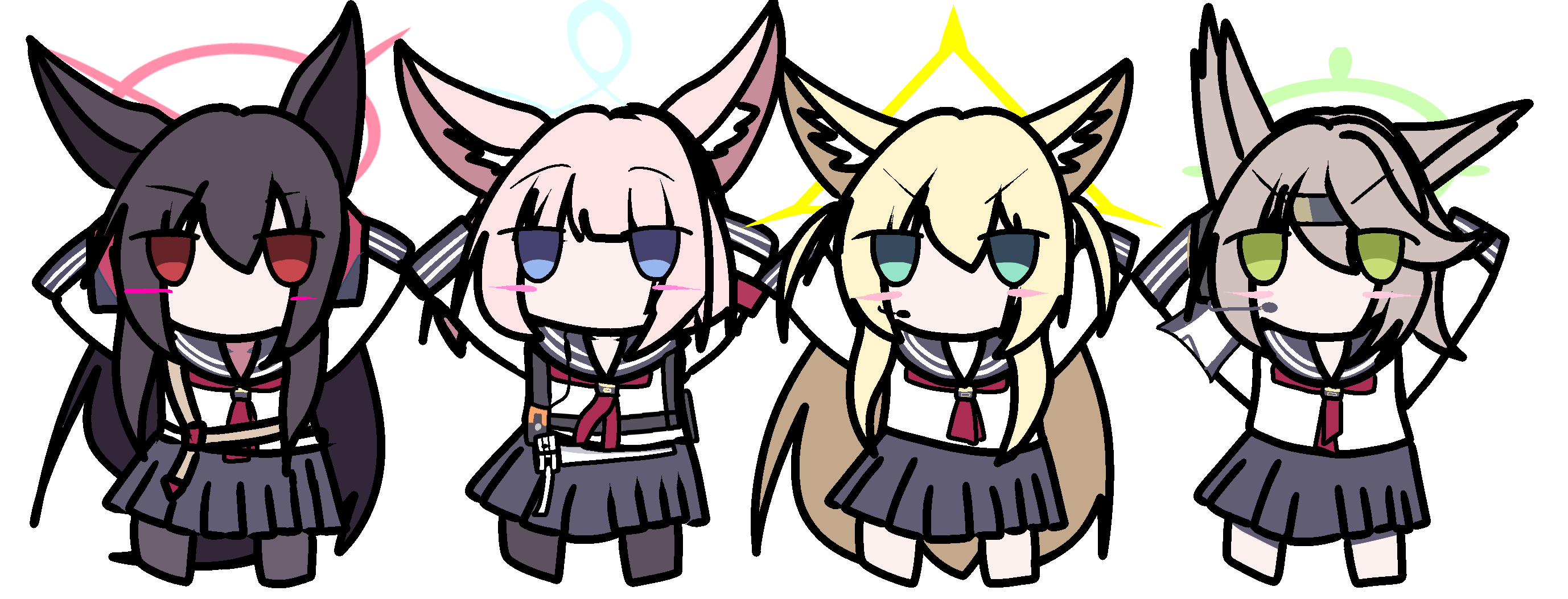 kurumi (blue archive), niko (blue archive), otogi (blue archive), yukino (blue archive), blue archive, highres, 4girls, animal ears, arms up, blush, chibi, chibi only, fox ears, fox girl, fox platoon (blue archive), halo, inw514, multiple girls, pantyhose, pleated skirt, sailor collar, school uniform, skirt, w arms