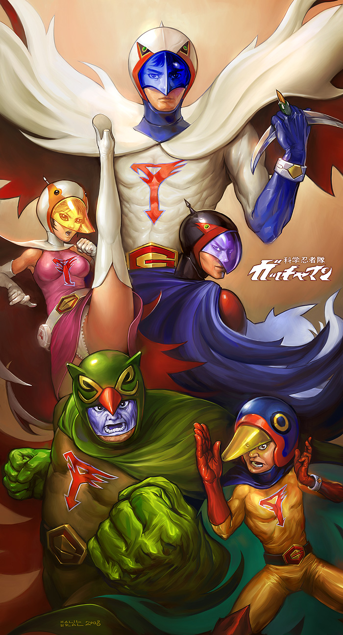 halil ural, mrdream, jinpei the swallow, joe the condor, jun the swan, ken the eagle, ryu the owl, gatchaman, tatsunoko production, highres, 1970s (style), 1girl, 4boys, angry, belt, boxing, breasts, gloves, helmet, kicking, legs, multiple boys, muscular, panties, punching, retro artstyle, signature, underwear