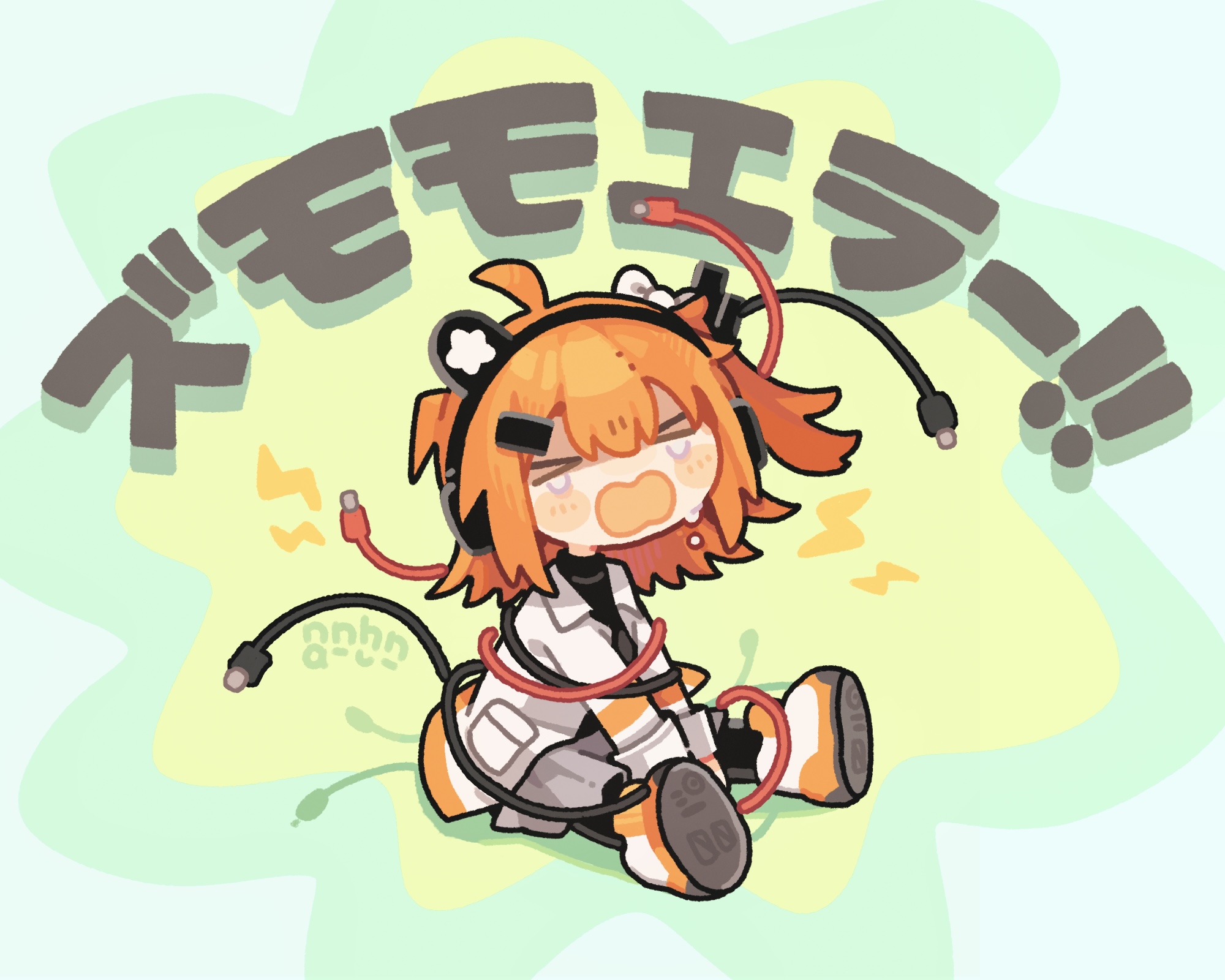 tabunnanhun, adachi rei, a.i. voice, utau, highres, 1girl, ahoge, black hairband, black pantyhose, black shirt, blush stickers, closed eyes, double-parted bangs, electric plug, full body, grey skirt, hair between eyes, hairband, headphones, jacket, long sleeves, open clothes, open jacket, open mouth, orange hair, pantyhose, pleated skirt, shirt, shoes, short hair, signature, sitting, skirt, solo, tears, white jacket, white shoes